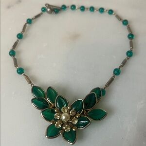 Vintage Elegant Floral Necklace Green, gold, pearl and rhinestone accents